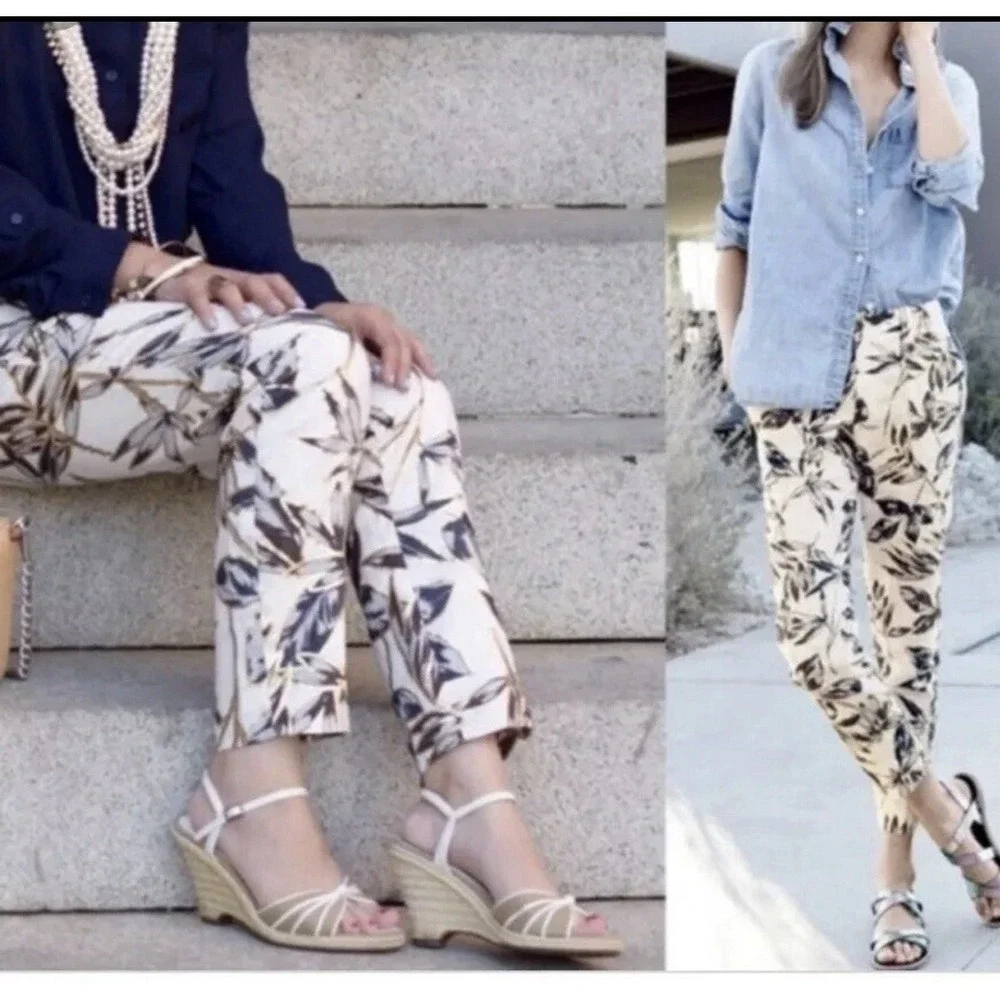 J. Crew Women's Garden Pant Cropped Gold Foil Leaf 100% Linen‎ Size 00